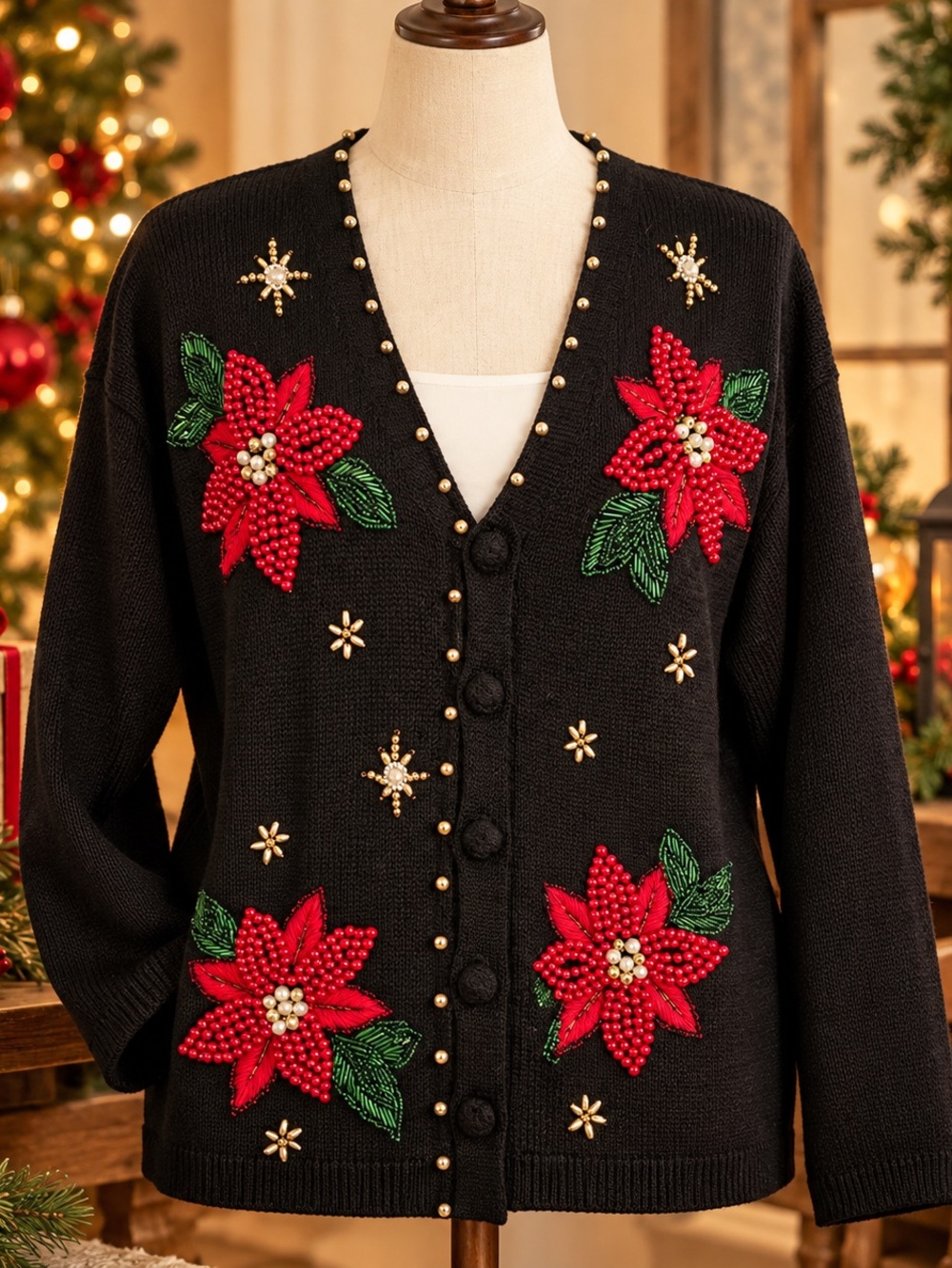 Vintage Victoria Jones Christmas Cardigan Beaded Poinsettia Holiday Sweater